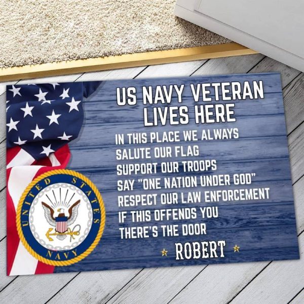 Veteran door mat with your name - Salute our flag Navy For Sale