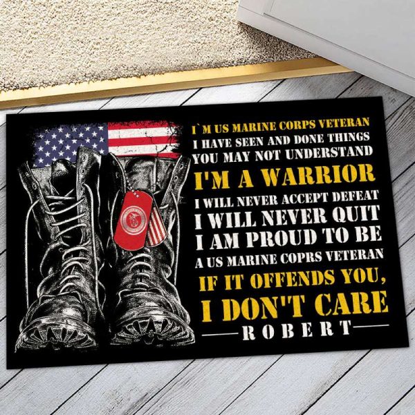 Veteran door mat with your name - I will never quit Marine Corps Discount